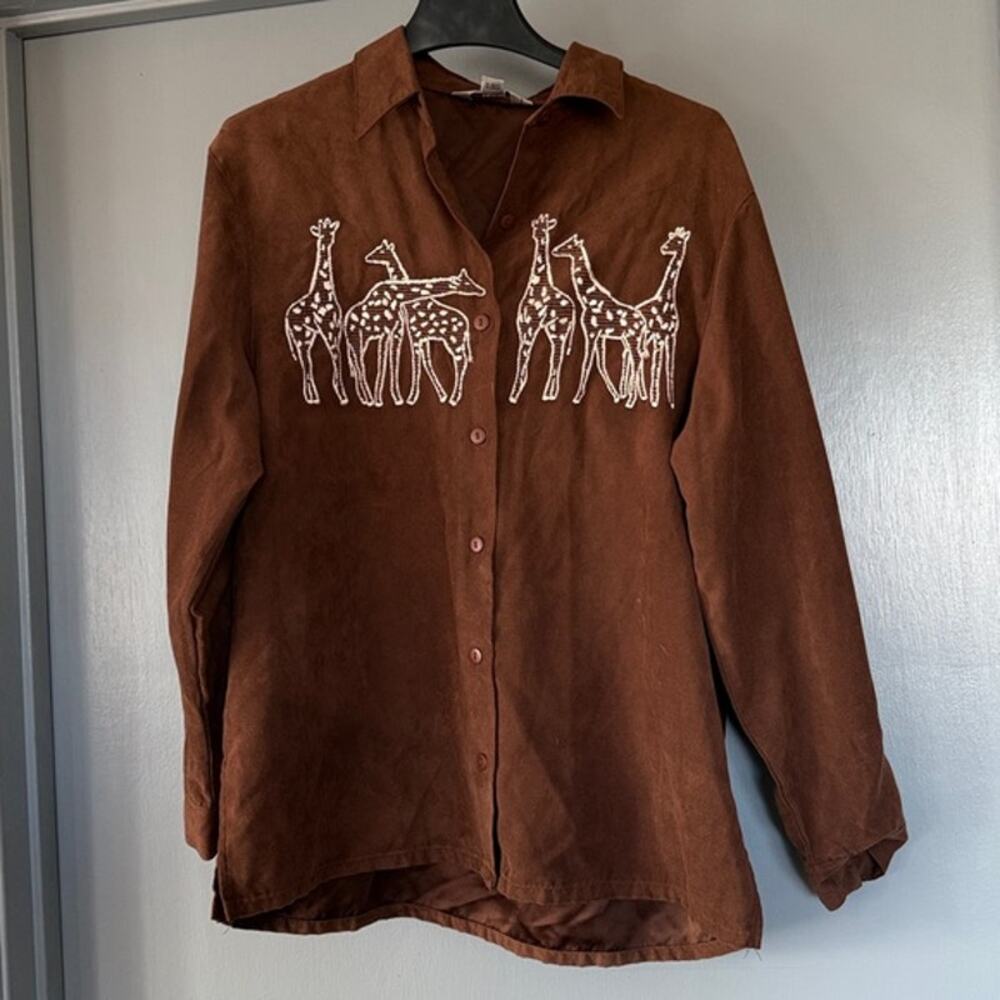 Blast Women's Button Front Top Embroidered Giraffe Faux Suede Long Sleeve sz L